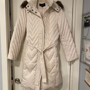 Gorgeous cream down coat with trendy faux fur hood
